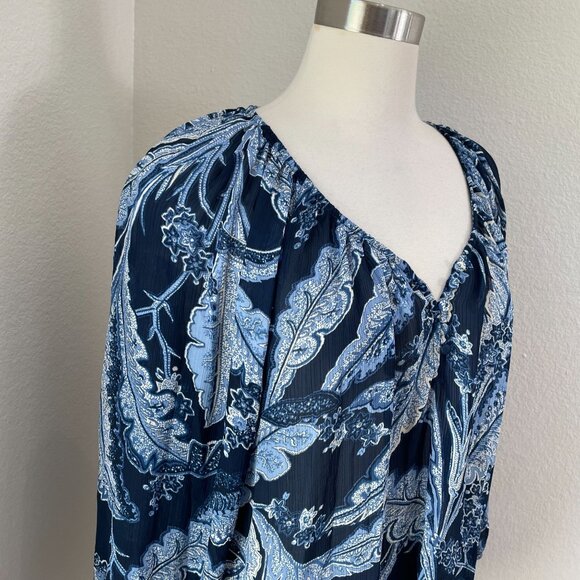 Chaps Womens XL Blue Floral Leaf Print Blouse Long Sleeve Lightweight Boho Shirt - Picture 2 of 8